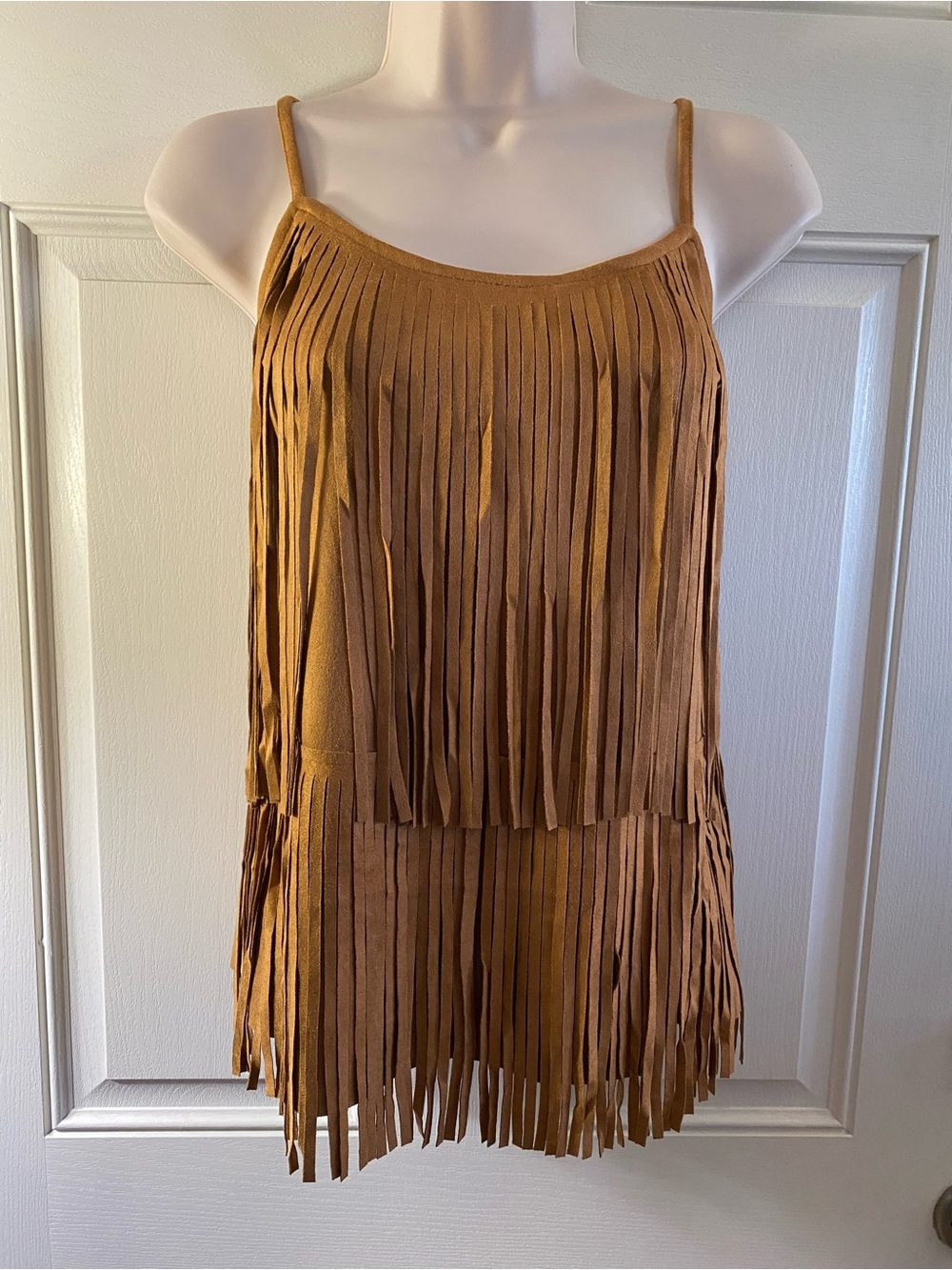 Vocal Camel Fringe Spaghetti-Strap Camisole. Faux suede Feel, washable
